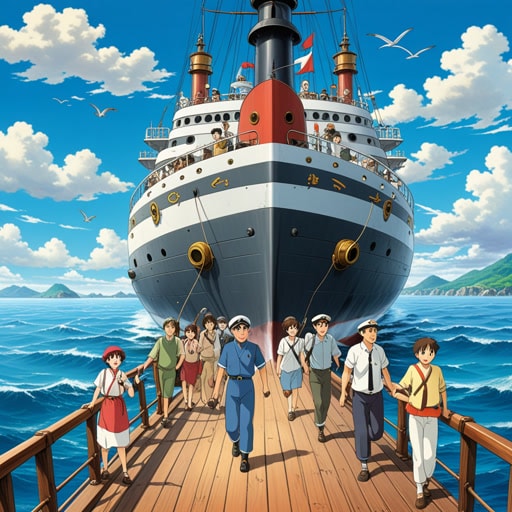 曾经,一群旅行者正准备登船。当船的号角响起时,船长喊道:‘全体登船!’每个人都迅速行动起来,兴奋地准备登船,期待着即将到来的旅程。一旦登船,船长用欢快的声音欢迎他们:‘欢迎登船!’旅行者们安顿下来,准备开始他们的海上冒险。