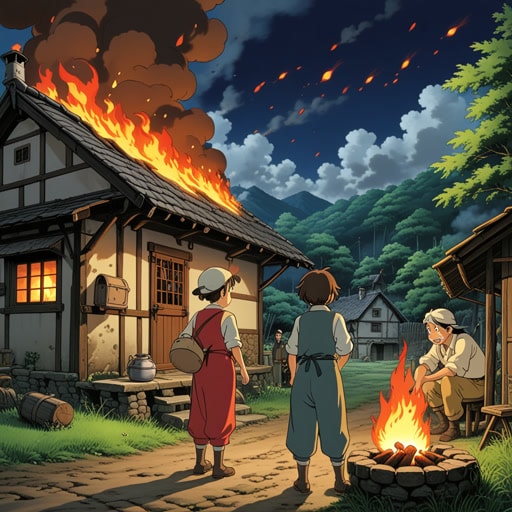 一个漆黑的夜晚,小村庄突然着火了。火焰迅速蔓延,促使村民们迅速行动。当他们一起努力灭火时,他们意识到这是由一个粗心的吸烟者引起的。这一事件提醒了大家火灾安全的重要性。