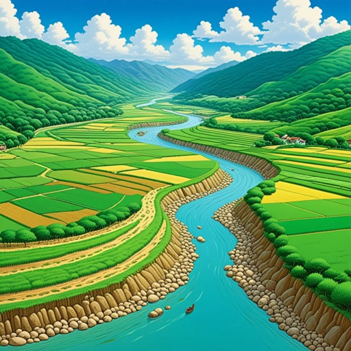 在山谷的中心,河流缓缓流过,在其两岸沉积了冲积土。这片肥沃的土地对当地农民来说是一大福音,他们年复一年地种植着丰富的作物。一天,一位地质学家访问了这个地区,并对冲积沉积物感到着迷,这些沉积物讲述了河流随时间的变迁。