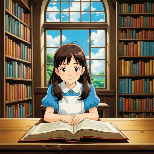 在一个安静的图书馆里,一个名叫爱丽丝的小女孩正在读她最喜欢的书。突然,她感到一种冲动,想要与大家分享这个美丽的故事,于是她开始大声朗读。她的声音在寂静的图书馆中回响,很快,每个人都陶醉在她大声讲述的故事中。