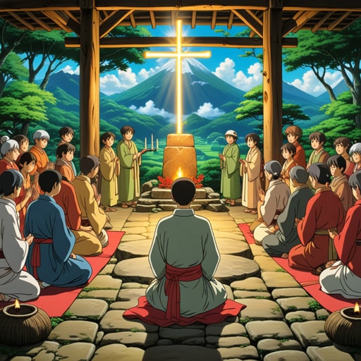 在一个小村庄里,有一个古老的祭坛,村民们会在那里聚集祈祷。一天,祭坛上方出现了一道神秘的光,促使村民们相信这是神明的征兆。他们决定在祭坛上举行一个特别的仪式,以尊崇神圣的存在。