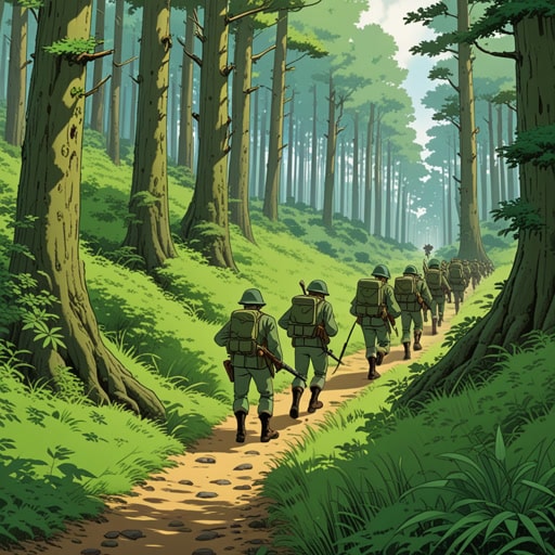 在一片茂密的森林中,一群士兵正在准备伏击。他们知道敌人会经过这条路。他们小心翼翼地藏在灌木丛后面等待。当敌人接近时,指挥官发出信号,伏击开始了。这次突袭非常成功,敌人措手不及。
