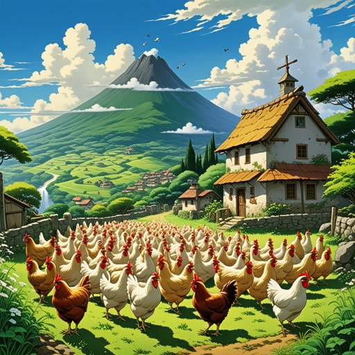 在一个小村庄里,住着一位养鸡的老妇人。有一天,她的一只名叫Lucky的鸡意外地飞到了天空中的最高点,村民们称之为‘远地点’。这一事件成为了村里的传说,象征着成就的顶峰和梦想的最远触及。