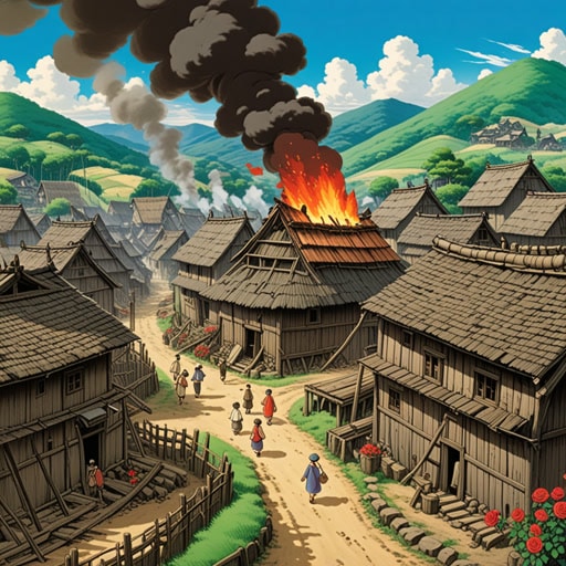 从前,在一个小村庄里,发生了一场大火,烧毁了许多房屋。火灾过后,只剩下堆堆的灰烬。然而,村民们很坚强,他们从灰烬中站起来,重建家园和生活。