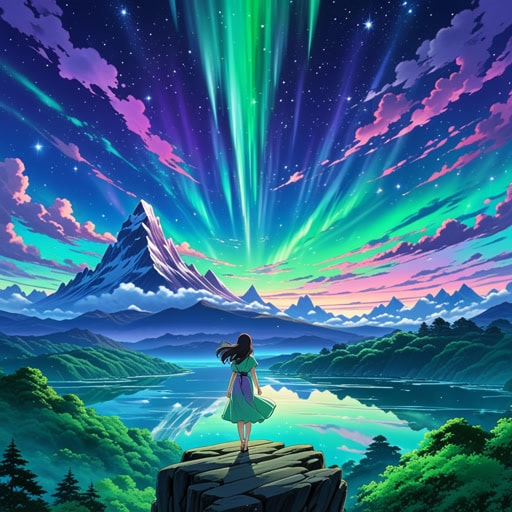 在永恒的冰之国度,有一种现象被称为极光。据说极光是黎明女神的女儿,为黑暗的天空带来光明和色彩。一天晚上,当星星在天空中闪烁时,天空突然爆发出绿色和紫色的光舞,这一奇观让所有目睹的人都为之着迷。这是黎明女神奥罗拉的杰作,她用她那超凡脱俗的美丽绘制了夜空。
