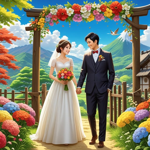 从前,在一个小村庄里,有一天被认为特别吉利适合结婚。天空晴朗,鸟儿甜美地歌唱,花朵鲜艳地绽放。一对年轻夫妇决定在这一天结婚。当他们交换誓言时,天空中出现了一道彩虹,为这一天增添了好运。村民们相信这是新婚夫妇未来繁荣幸福的征兆。