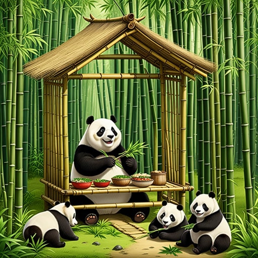 在一个茂密的竹林中,住着一家熊猫。它们喜欢吃嫩竹笋。一天,一阵强风吹来,熊猫们躲在坚实的竹子中避风。竹林不仅提供了食物,还保护它们免受风雨侵袭,展示了竹子的多功能性和强度。