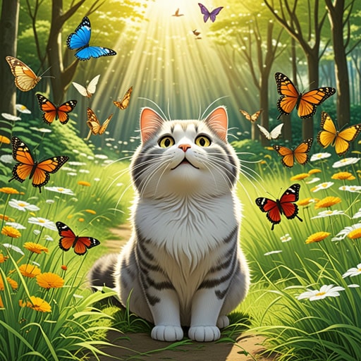 从前,有一只懒洋洋的猫叫胡须。胡须每天最喜欢的事情就是在阳光下享受温暖。一个阳光明媚的下午,正当胡须在晒太阳时,一只蝴蝶飞过,吸引了他的注意。好奇心驱使下,胡须跟着蝴蝶跑开了,忘记了阳光。一番嬉戏追逐后,胡须回到自己的位置,却发现一群鸟儿正在那里享受阳光。胡须意识到,有时候追逐冒险可以带来新朋友和共享的温暖。