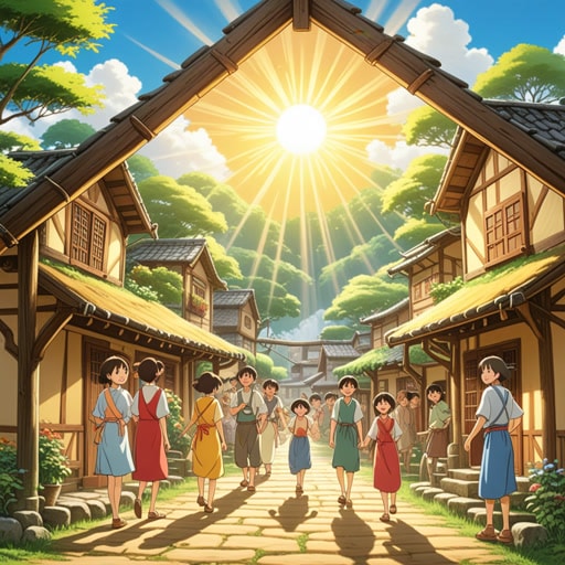 在一个古老的村庄里,有一座由坚固横梁支撑的木屋。一个阳光明媚的日子,村民们聚集在一起庆祝节日。阳光的光束明亮地照耀着,每个人都满脸笑容。房屋的横梁和阳光的光束共同营造了一个温暖而欢乐的氛围。