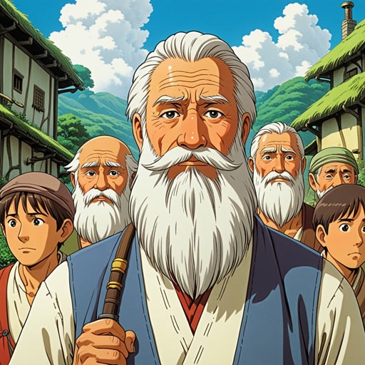 在一个小村庄里,有一位长着长长白胡子的老人。村民们相信他的胡子蕴含着岁月的智慧。一天,一个年轻人来寻求建议。老人深思地抚摸着他的胡子,给出了明智的建议,解决了年轻人的问题。从那天起,年轻人就尊重胡子的力量。