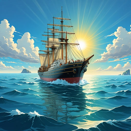 在广阔的海洋中,一座小冰山静静地漂浮着。它在阳光下闪闪发光,景色美不胜收。一天,一艘船靠近了,没有意识到冰山的存在。当船靠近时,冰山的真实大小变得明显,船长迅速转向以避免碰撞。冰山继续它的旅程,成为海洋中一个沉默的巨人。