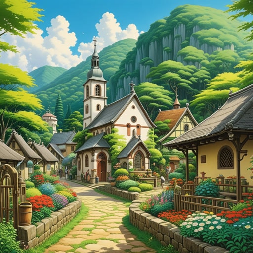 从前,在一个小村庄里,有一座美丽的花园位于古老的教堂和繁忙的市场之间。这个花园是一个宁静的地方,人们可以逃离市场的喧嚣。一天,一位年轻的艺术家被花园的宁静所启发,决定画下它。这幅画变得非常有名,象征着自然与人类活动的和谐共存。