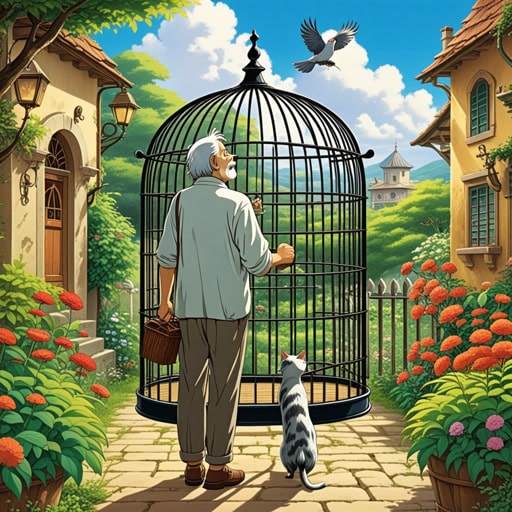 在一个小镇上,住着一位爱鸟的老人。他在花园里有一个漂亮的鸟笼,里面养着他最喜欢的鸟。一天,一只调皮的猫试图抓到鸟,但鸟笼太高了。老人看到这一幕,决定把鸟笼移到一个更安全的地方。鸟笼不仅保护了鸟,也成为了老人对羽毛朋友们爱的象征。