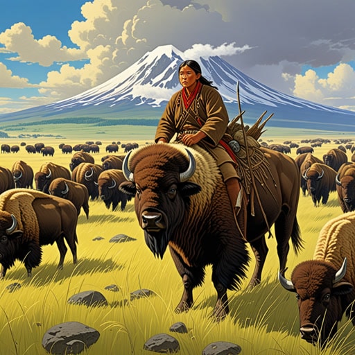 在古代,北美野牛是美国平原生态系统的重要组成部分。美洲原住民部落依赖野牛获取食物、衣物和住所。一天,一位名叫鹰眼的年轻猎人正在追踪一群野牛。他的迅速行动和娴熟的狩猎技巧不仅为他的部落提供了食物,还帮助维持了自然的平衡。