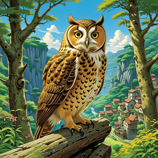 在一个小村庄里,住着一只以智慧著称的老猫头鹰,它的一窝小猫头鹰特别聪明。一天,猫头鹰发现了一张神秘的地图,并开始沉思其含义。当他沉思时,他的小猫头鹰们围了过来,急切地想要帮忙。他们一起解开了谜题,发现了一处隐藏的宝藏,并用它造福了整个村庄。