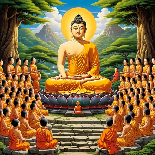在古印度,一位名叫悉达多·乔达摩的王子放弃了他的王室生活,寻求觉悟。经过多年的冥想和自我发现,他被称为佛陀,即觉悟者。他的教诲构成了佛教的基础,佛教传播到亚洲各地,教导慈悲、智慧和结束苦难的道路。
