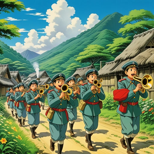 在一个小村庄里,有一位老兵喜欢吹军号。每天早晨,他都会早起,用他的军号吹奏一首曲子,标志着新的一天的开始。村民们渐渐爱上了军号的声音,因为它让他们想起了祖先的勇敢和团结。有一天,老兵去世了,但吹军号的传统继续下去,象征着村庄的精神。