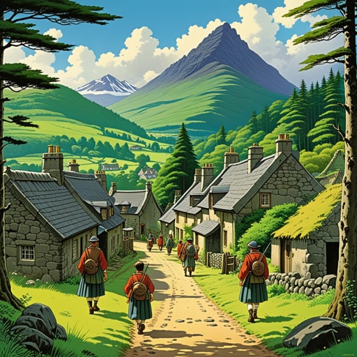 在苏格兰的心脏地带,有一个被称为Caledonian的村庄。村民们为自己的遗产感到自豪,生活在古老的Caledonian森林中。一天,一位来自远方的旅行者来到这个村庄,被这里美丽的风景和Caledonians的热情所震撼。他了解了他们的传统和Caledonian人民的丰富历史,这激发了他写一本书的灵感,与世界分享Caledonian文化的奇迹。