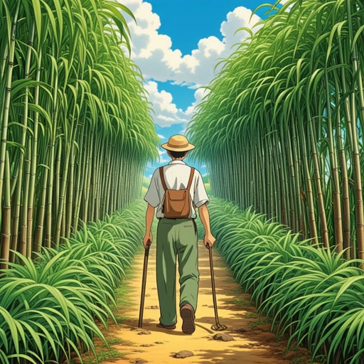 从前,有一位总是携带手杖的老人。一天,他在花园里发现了一株甘蔗。他用他的手杖轻敲甘蔗,思考着这两种手杖如何以不同的方式支持他。行走用的手杖帮助他移动,而甘蔗则给他的生活带来了甜蜜。