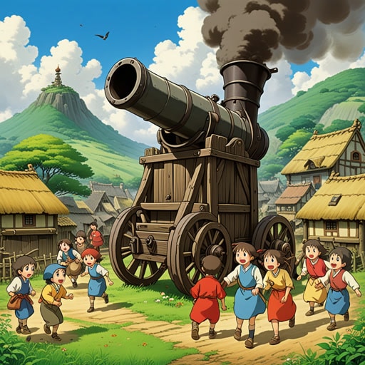 在一个小村庄里,有一门曾在多次战斗中使用过的大炮。一天,一群孩子决定在大炮附近玩耍。当他们玩耍时,一阵突然的风促使最大的孩子爬上大炮。他假装开炮,尽可能大声地喊“砰!”其他孩子们笑了,并加入进来,每人轮流“开炮”。这个简单的游戏不仅给孩子们带来了欢乐,也提醒村民们大炮的历史意义。