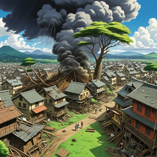 在一个小镇上,一场灾难性的事件即将发生。一场巨大的风暴正在酝酿,居民们对即将到来的灾难一无所知。随着风暴的加剧,它对小镇造成了灾难性的破坏,摧毁了房屋,连根拔起了树木。风暴的灾难性影响使小镇变成废墟,但也使社区团结起来,重建和恢复。