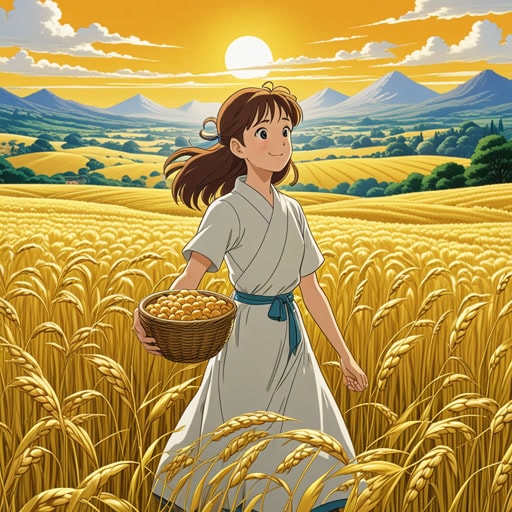 从前,有一个神奇的土地,那里的田野总是长满了金黄的谷物。这片土地上的人们相信,谷物女神Ceres赐福于他们的庄稼。每天早晨,他们收割谷物,制成美味的谷物早餐,确保一天充满能量和快乐。
