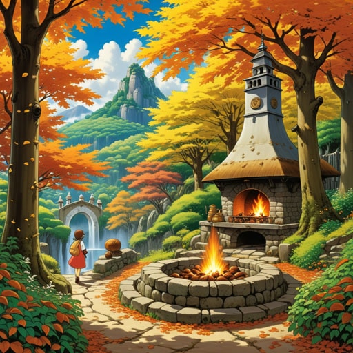 从前,在一个被栗树环绕的小村庄里,住着一个名叫莉莉的年轻女孩。每年秋天,她都会从森林里收集栗子,并在壁炉旁烤制。一天,在收集栗子时,她在其他栗子中发现了一颗金色的栗子。这颗金色的栗子促使她踏上了寻找其起源的旅程,带领她来到了一个隐藏的山谷,那里满是栗树和一个能实现愿望的神奇喷泉。