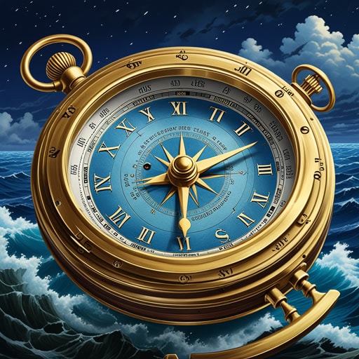 在18世纪,一位著名的探险家詹姆斯船长正在航行去发现新大陆。他非常依赖他的经线仪来导航广阔的海洋。在一个暴风雨的夜晚,船上的罗盘损坏了,但多亏了经线仪精确的时间记录,詹姆斯船长能够计算出他们的经度,并安全地将船引导到附近的岛屿,避免了灾难。