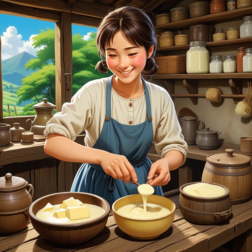 在一个小村庄里,有一位老妇人喜欢制作黄油。每天早晨,她都会用她的旧搅拌器搅拌牛奶,直到它变成奶油般的黄油。一天,一位年轻的旅行者来访,对这一过程感到惊奇。他问她:‘你为什么要搅拌牛奶?’老妇人微笑着说:‘搅拌不仅仅是制作黄油;它是从简单原料中创造出东西的乐趣。’旅行者学到了耐心的价值和搅拌的艺术。