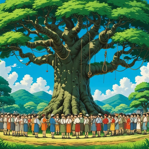 在一个小村庄里,有一场比赛,要求测量森林中最大树的周长。村民们用一根长绳围绕树转一圈,并在绳子的两端做标记。测量绳子后,他们发现周长惊人地大,这促使他们庆祝这棵树的宏伟。