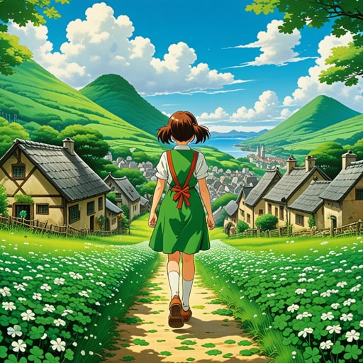 从前,在爱尔兰的一个小村庄里,住着一个名叫克洛弗的年轻女孩。她以幸运著称,无论走到哪里都能找到四叶草。一天,在当地的一个节日里,克洛弗发现了一片特别大的四叶草。这促使她与他人分享她的幸运,她成为了村庄中好运的象征。
