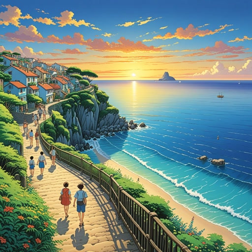 从前,有一个小沿海城镇。这个城镇以其美丽的海滩和清澈的蓝色海水而闻名。一天,一群游客访问了这个城镇,并对沿海风景感到惊叹。他们喜欢沿着沿海小径散步,并观看海上的日落。沿海的美丽给他们留下了深刻的印象。