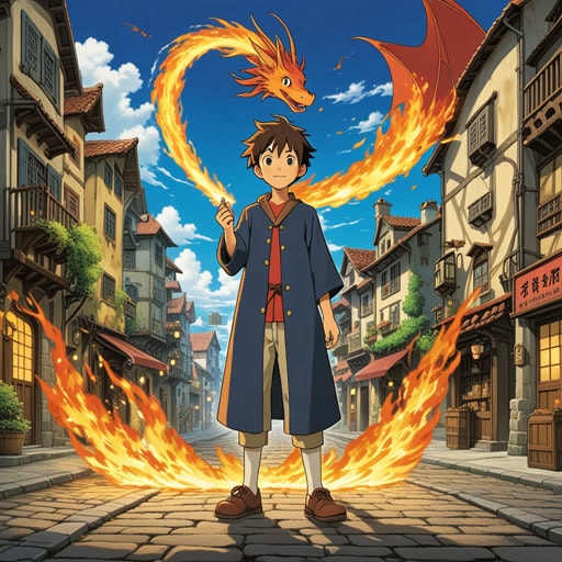 在一个小镇上,住着一位能从空气中变出任何东西的老魔术师。一天,一个小男孩请求魔术师变出一条龙。魔术师微笑着,挥动他的魔杖,一条小火龙出现了,喷出微小的火花。男孩感到非常惊奇,并学到了只要有想象力,任何东西都可以被召唤出来。