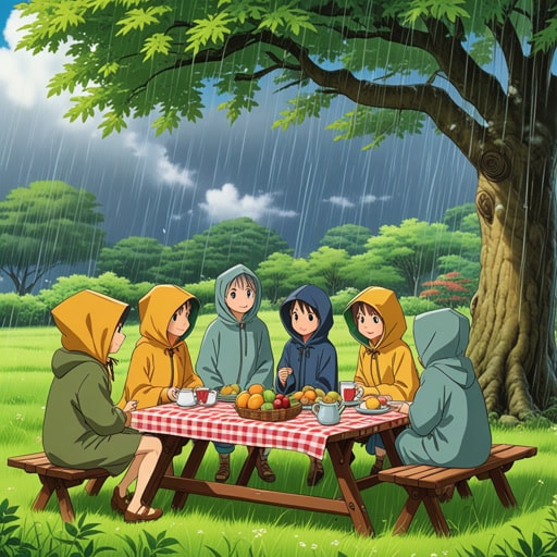 有一次,一群朋友计划去野餐。考虑到天气预报,他们决定带上雨衣。当他们享受野餐时,突然下起了阵雨,但他们已经做好了准备。考虑到这种情况,他们迅速移到树下,野餐继续愉快地进行。