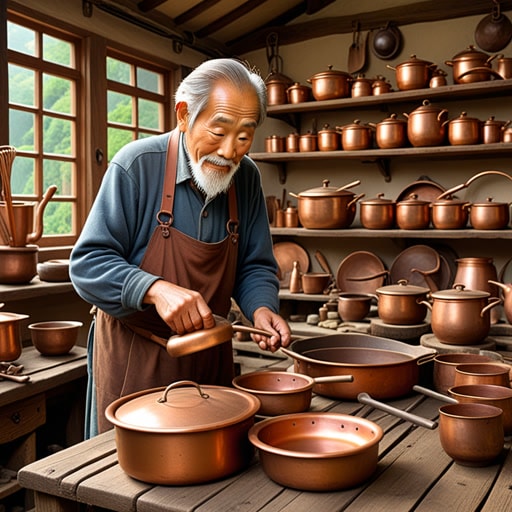 在一个小村庄里,有一位老工匠专门制作铜制器具。他的铜锅和铜盘因其耐用和美观而闻名。一天,一位年轻的旅行者来到这个村庄,对铜制品感到着迷。他决定向老人学习这门手艺。经过多年的练习,这位年轻人成为了一名铜艺大师,继续传承老工匠的遗产。