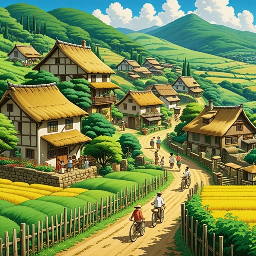从前,在一个美丽的国家里,有一个小村庄。村民们过着简朴的生活,耕种土地,享受乡村的宁静。一天,一个来自遥远国家的旅行者访问了这个村庄。他被自然美景和友好的人们所吸引。他决定留下来,帮助村民改进他们的耕作技术,使这个国家更加繁荣。