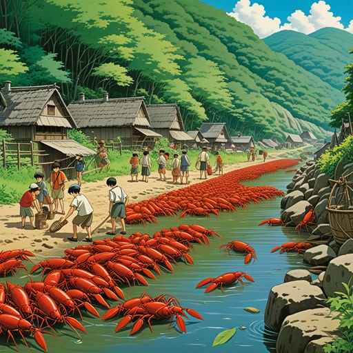 从前,在河边的一个小村庄里,有一个夏天捕捉小龙虾的传统。村民们会聚集在河岸边,带着网和桶。有一年夏天,一个名叫杰克的年轻男孩捉到了一只特别大的小龙虾,他因为是在一块大石头下找到的,所以给它取名为'洛基'。这只小龙虾成了村里的谈资,杰克的捕获被庆祝为一次特别的小龙虾盛宴。