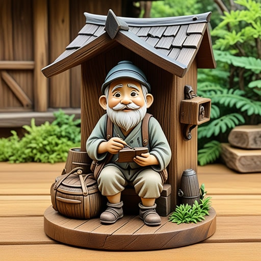 在一个小村庄里,有一位老工匠总是粗糙地工作。他的工具简单,技术基础。一天,一位旅行者请他制作一个木雕。工匠整夜工作,粗糙地雕刻木材。第二天早上,旅行者惊讶地看到这个粗糙制作的雕像,但他欣赏了努力和乡村的魅力。