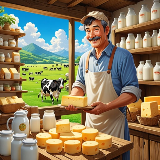 在一个小村庄里,有一家著名的乳品厂,以其高质量的牛奶和奶酪而闻名。每天早晨,乳品厂的农场主都会从奶牛那里收集新鲜的牛奶,并将其加工成各种乳制品。乳品厂因其新鲜和高质量而声名远扬,吸引了来自四面八方的人们前来购买产品。一天,一位食品评论家访问了乳品厂,并对其印象深刻,他写了一篇热情洋溢的评论,这使得更多的顾客慕名而来。乳品厂的成功完全归功于农场主和他的团队的努力和奉献。