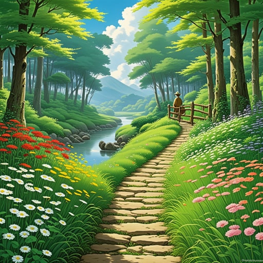 在一个宁静的山谷里,住着一位热爱自然的智慧老人。每天早晨,他都会穿过山谷,欣赏花朵的美丽和溪流的轻柔声音。一天,一位旅行者来到山谷寻求建议。老人凭借他迅速的智慧,引导旅行者克服前方的挑战,用山谷的宁静作为内心平静的隐喻。