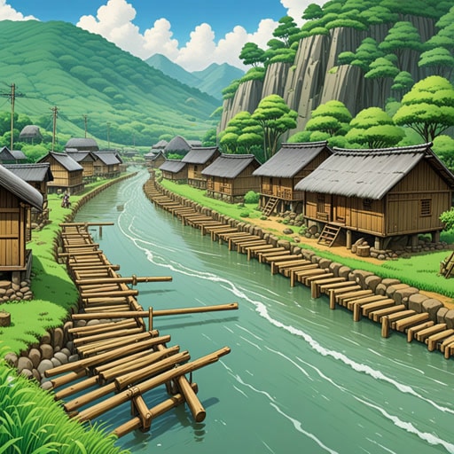 在一个小村庄里,雨季时河流常常泛滥。村民们决定建一座水坝来控制水流。水坝是用大木头和石头建造的。一旦水坝完成,它有效地阻挡了水流,防止了进一步的洪水。村民们庆祝他们的成功,知道他们的家园和田地现在安全了。