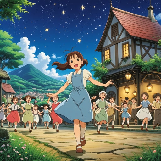 从前,有一个小村庄,那里的人们都喜欢跳舞。每天傍晚,村民们都会聚集在城镇广场上,随着当地乐队的音乐跳舞。有一天,一个名叫莉莉的年轻女孩搬到了这个村庄。她很害羞,不知道怎么跳舞。村民们注意到她的犹豫,决定教她。在他们的帮助下,莉莉学会了跳舞,并很快成为了村庄舞蹈的明星。她最喜欢的舞蹈是每个人在星空下高兴地跳舞的那个。