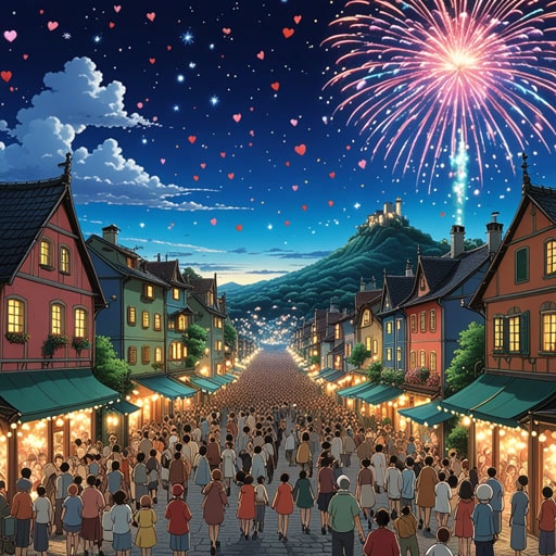 在一个小镇上,有一个节日,每个人都聚集在一起庆祝。活动的高潮是一场耀眼的烟花表演,照亮了夜空,让每个人都感到惊叹。耀眼的灯光不仅照亮了天空,也让镇上的人们心中充满了喜悦和惊奇。