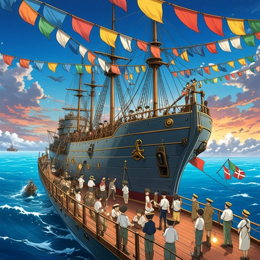 从前,有一艘名为‘海洋甲板’的船。每天,水手们都会聚集在甲板上分享故事和享受海风。一天,船长决定用彩旗和灯光装饰船只,为特别的庆祝活动做准备。装饰后的甲板吸引了许多海洋生物,使得庆祝活动更加神奇。