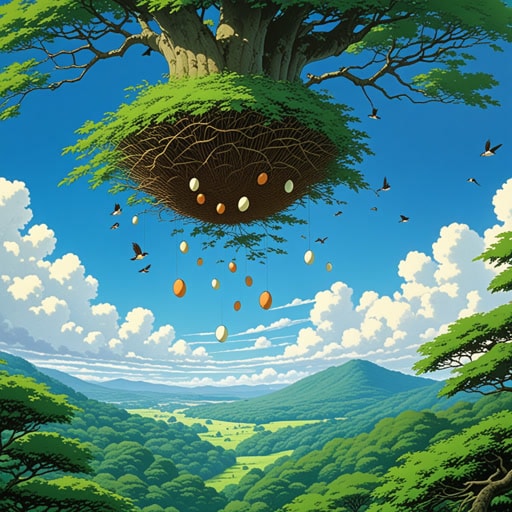 从前,有一只聪明的狐狸,经常欺骗森林里的其他动物。一天,他告诉鸟儿们天空要塌下来了,骗得它们整天躲在巢里。当它们躲藏时,狐狸享用了一顿无人看管的鸟蛋大餐。鸟儿们后来意识到自己被骗了,但为时已晚。