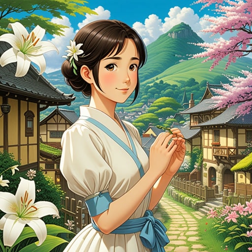 在一个小村庄里,住着一个名叫莉莉的女孩,她以端庄的性格著称。一天,村里举行了一场盛大的节日,莉莉被邀请参加。尽管气氛热闹,莉莉依然保持着她端庄的举止,静静地观察着庆典。她温柔而内敛的行为吸引了来访的王子,王子被她的谦逊所吸引。王子走近她,他们进行了一场和莉莉一样端庄的对话。这次邂逅促成了一段浪漫的爱情,这一切都归功于莉莉的端庄性格。