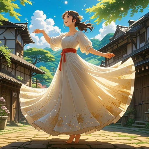 在一个小村庄里,有一位美丽的少女,她总是穿着一件透明的裙子。那布料如此轻薄,仿佛是空气制成的。一天,在节日庆典中,她在阳光下跳舞,她的裙子闪烁着如千颗星星般的光芒。村民们被她那超凡脱俗的美貌所吸引,从那天起,她被称为‘透明舞者’。