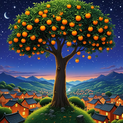 在一个小村庄里,有一棵奇特的橙树,结出的果实皮上有微凹。村民们相信这些微凹的橙子具有魔力,能带来好运。一天,一个好奇的旅行者尝试了这些橙子,发现它们是他尝过的最甜的。橙子皮的微凹纹理让他想起了夜空中的星星,他感觉到了与宇宙的联系。