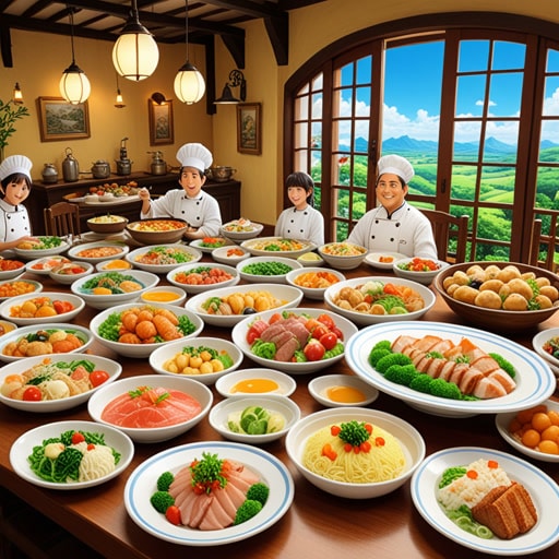 从前,在一个小镇上,有一家以美食闻名的餐厅。每天,来自四面八方的人们都会来这里享受用餐体验。一天,一位厨师推出了一道新菜,立即受到了欢迎。餐厅总是座无虚席,小镇也因此以美食而闻名。