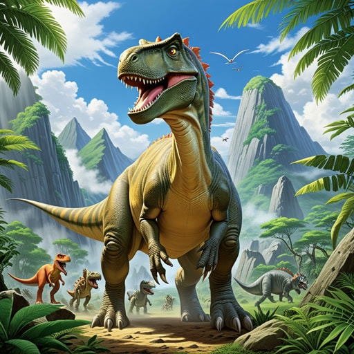 很久以前,在人类出现之前的地球上,恐龙统治着这个世界。有一个特别可怕的恐龙名叫雷克斯。雷克斯以其庞大的体型和锋利的牙齿而闻名。一天,一只名叫迪诺的小恐龙发现了一块神秘的发光石头。这块石头促使所有的恐龙聚集起来,好奇它是什么。当他们靠近时,石头突然发出耀眼的光芒,所有的恐龙都消失了,只留下他们的化石供后代发现。